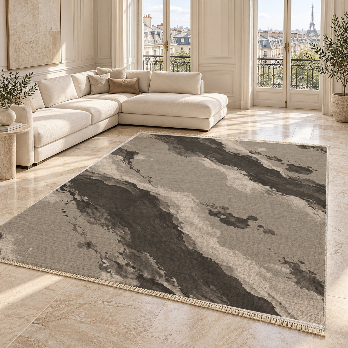 Mineral Drift Greige & Charcoal washable rug angled room view on marble