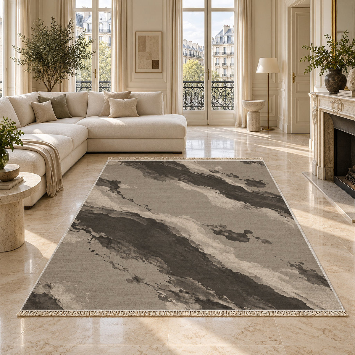 Mineral Drift Greige & Charcoal washable rug on a marble floor