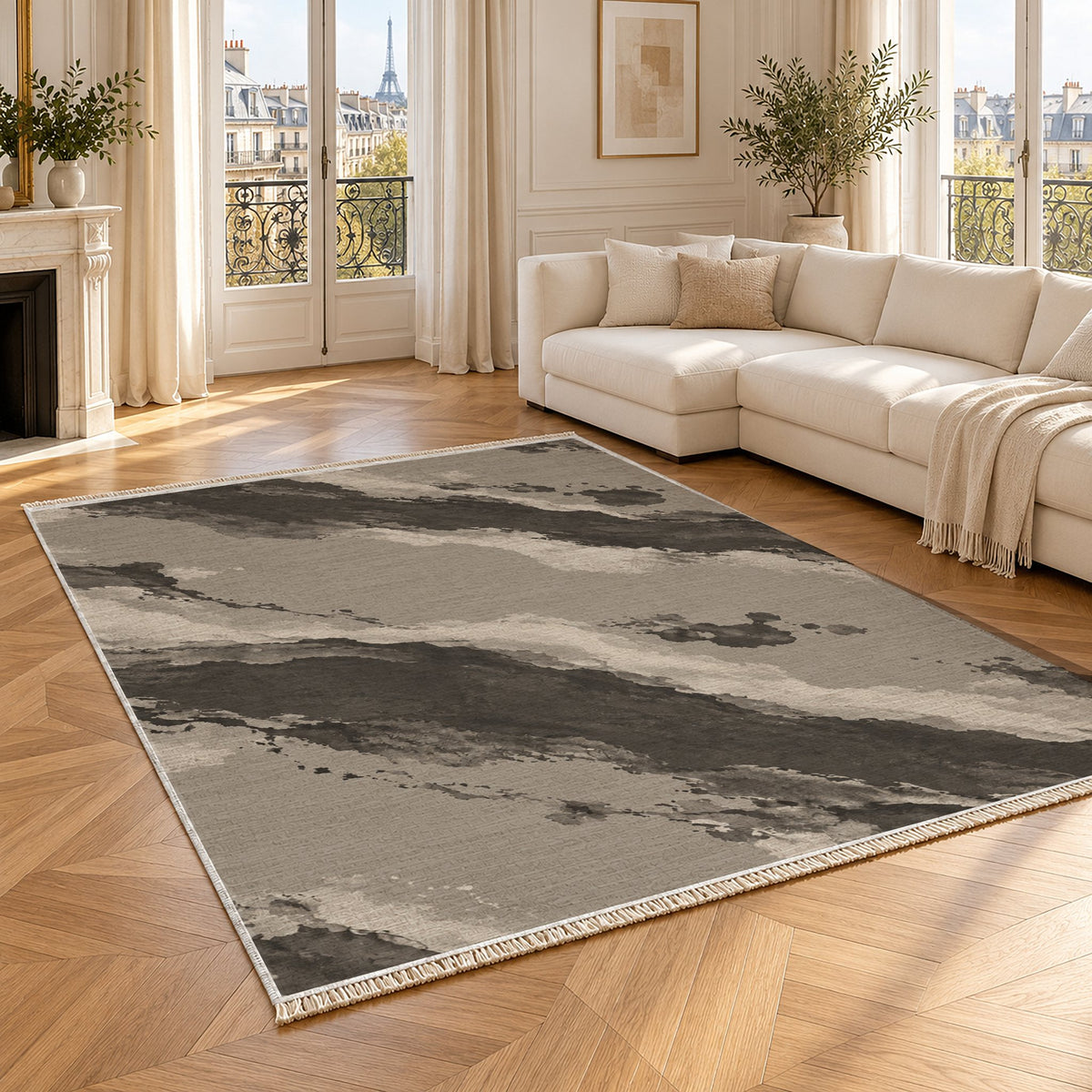 Mineral Drift Greige & Charcoal washable rug angled room view