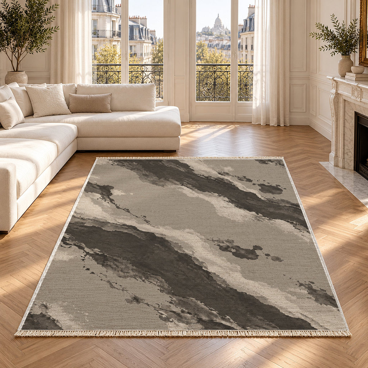 Mineral Drift Greige & Charcoal washable rug in a Paris living room