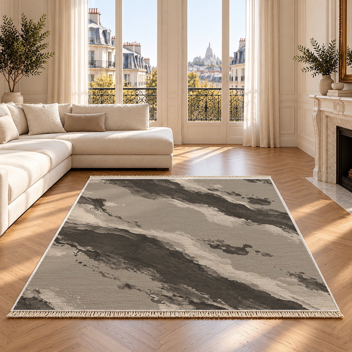 Mineral Drift Greige & Charcoal washable rug on an oak floor