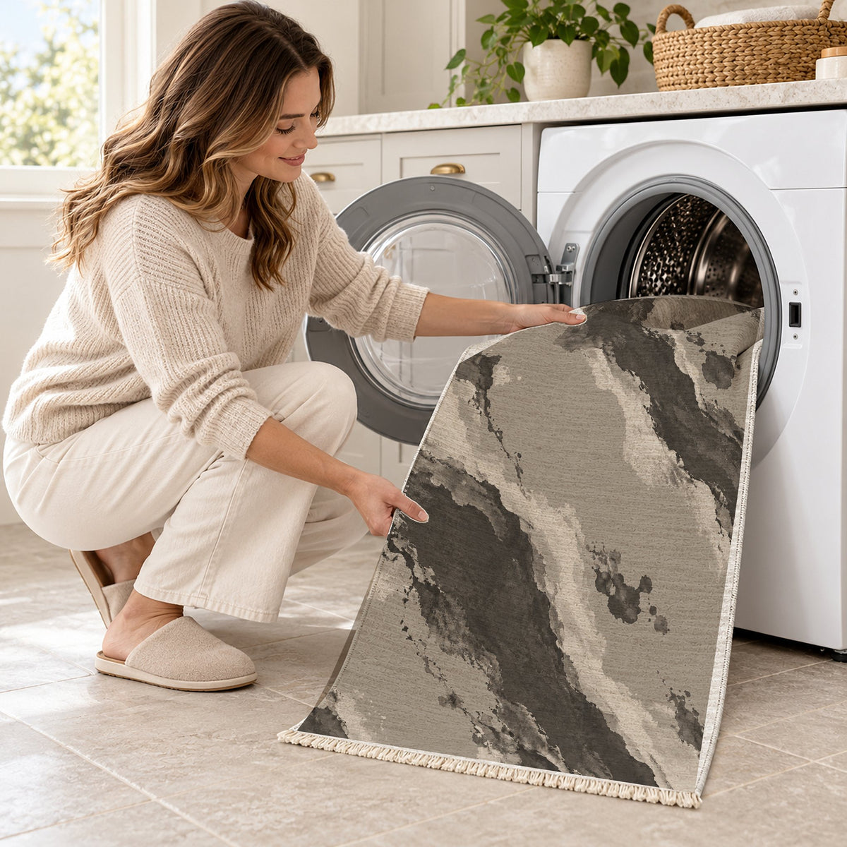 Mineral Drift Greige & Charcoal washable rug being loaded into a washing machine