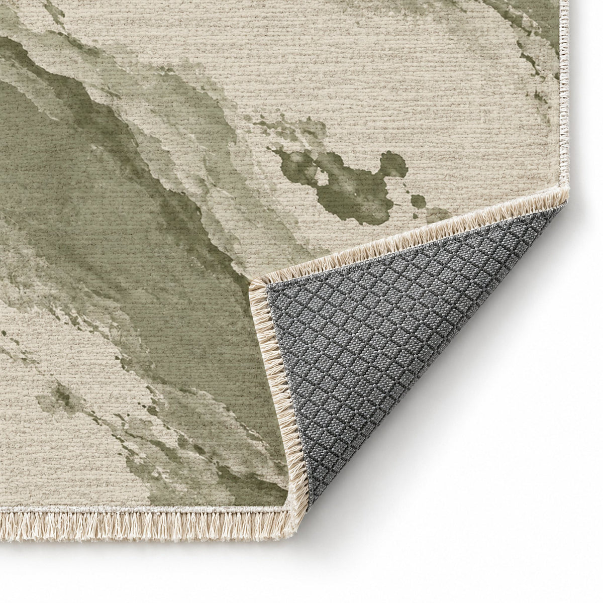 Mineral Drift Ivory & Sage washable rug folded corner showing the backing