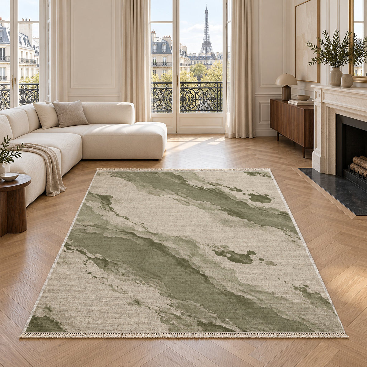Mineral Drift Ivory & Sage washable rug in a living room with an Eiffel Tower view
