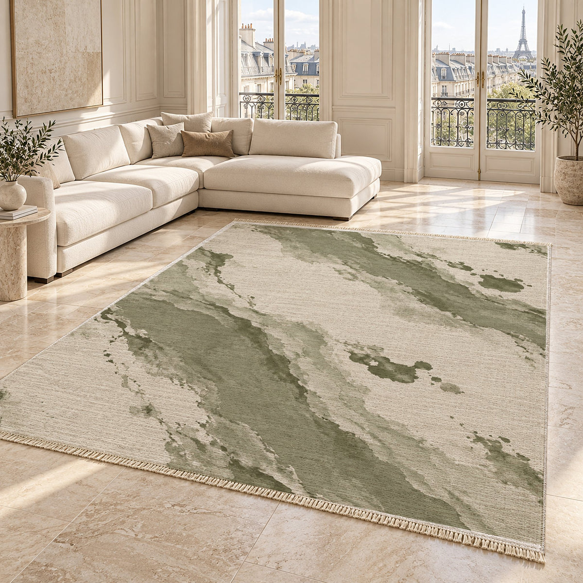 Mineral Drift Ivory & Sage washable rug angled room view on marble