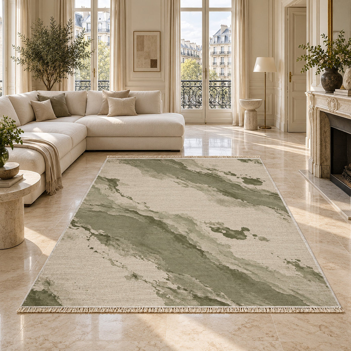 Mineral Drift Ivory & Sage washable rug on a marble floor