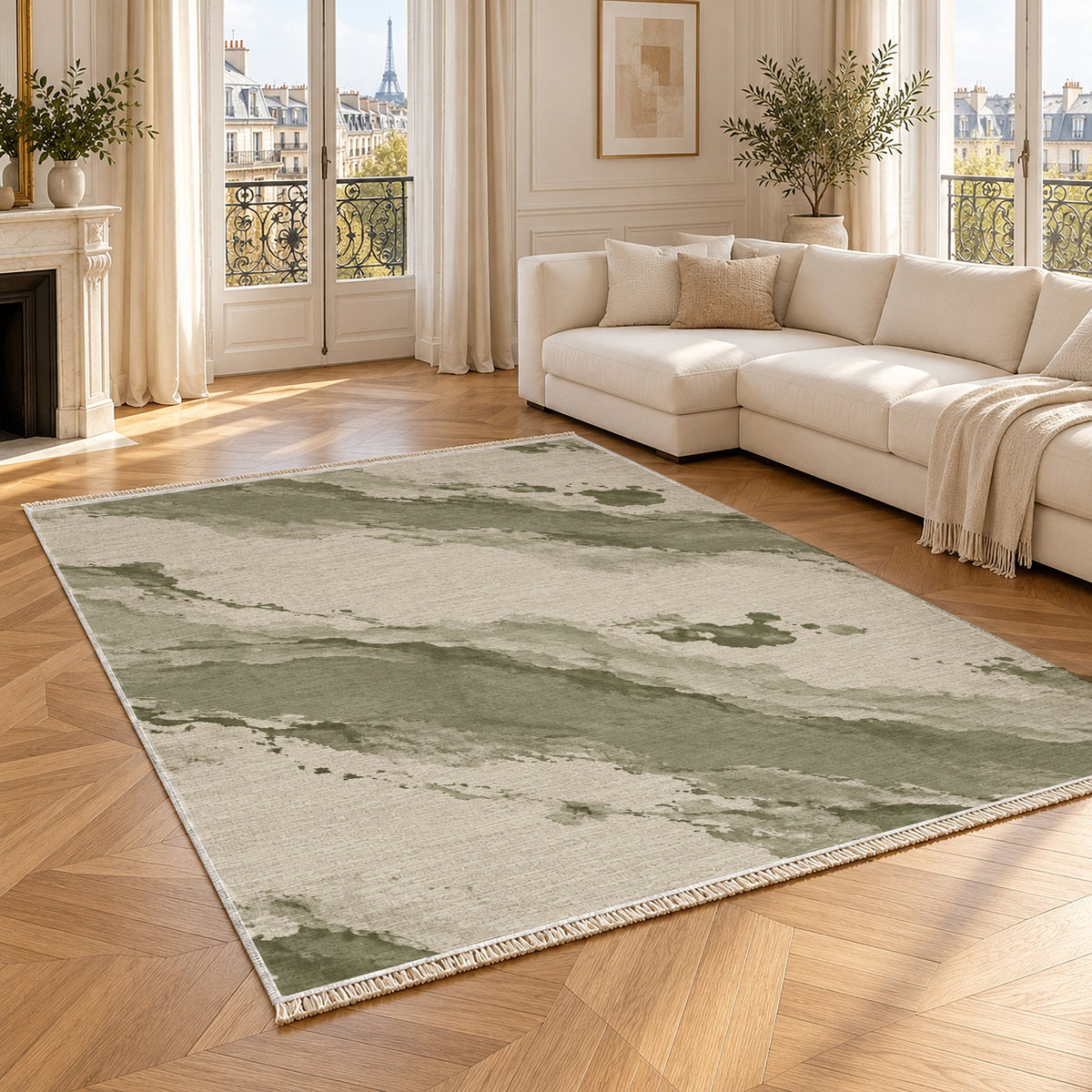 Mineral Drift Ivory & Sage washable rug angled room view