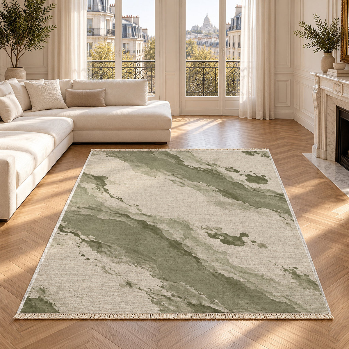 Mineral Drift Ivory & Sage washable rug in a Paris living room