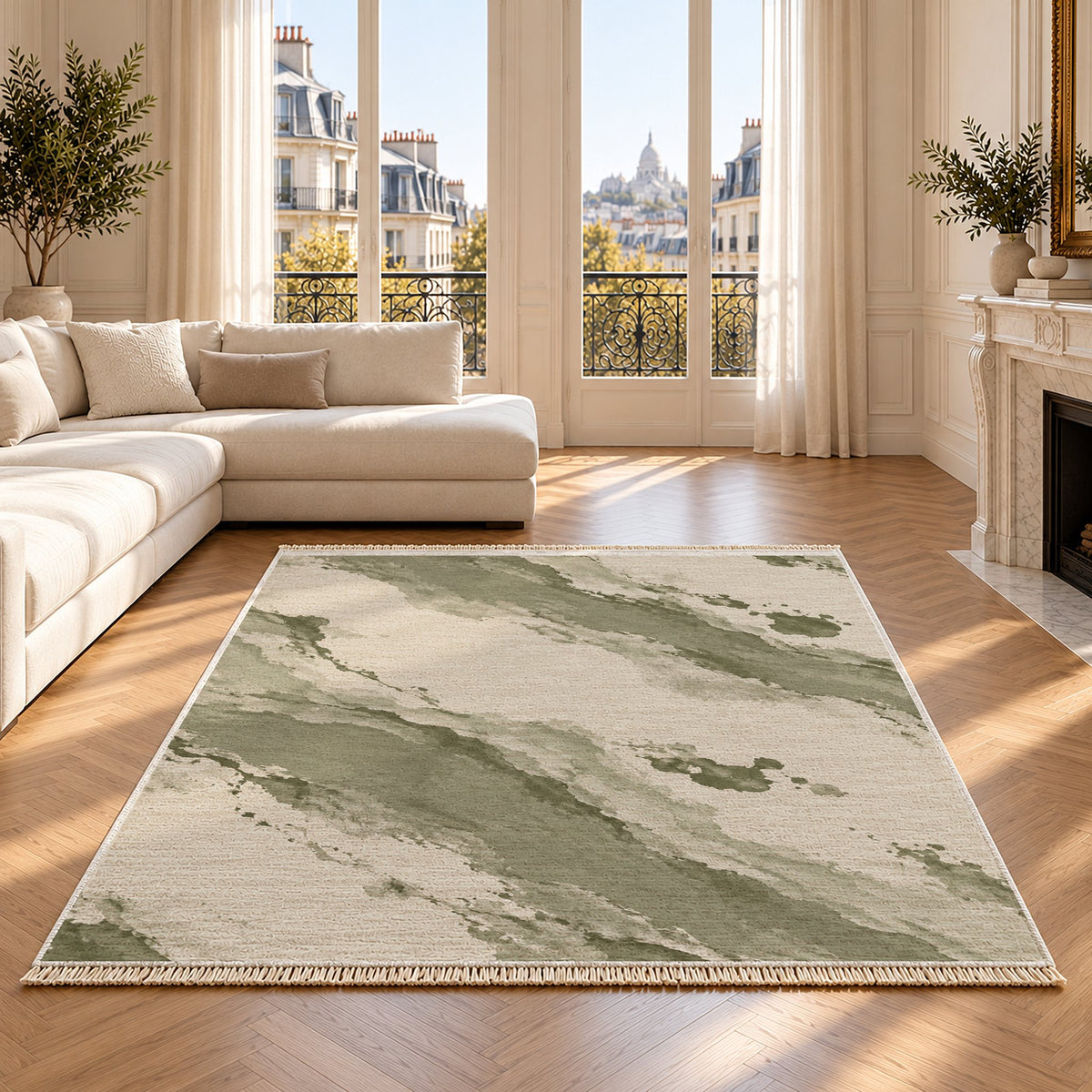 Mineral Drift Ivory & Sage washable rug on an oak floor