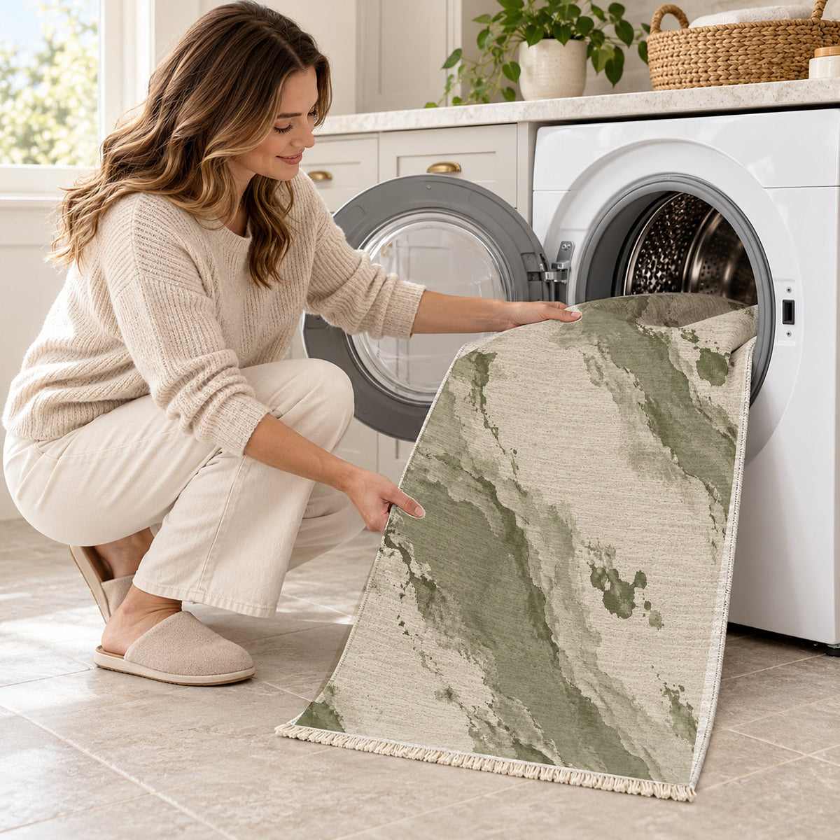 Mineral Drift Ivory & Sage washable rug being loaded into a washing machine