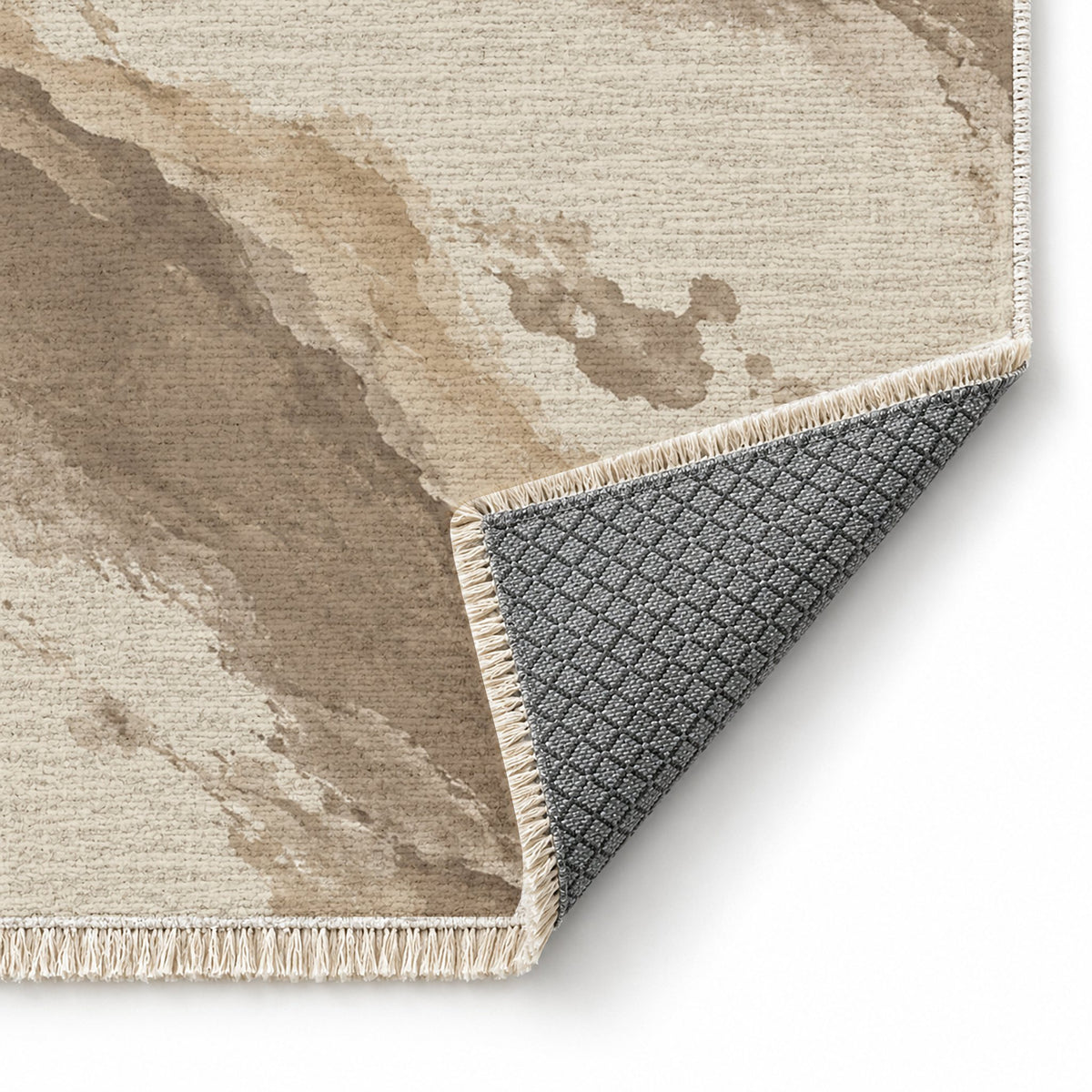 Mineral Drift Ivory & Taupe washable rug folded corner showing the backing