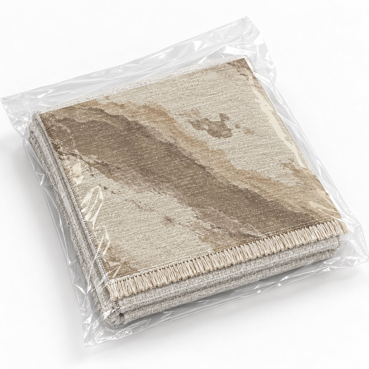 Mineral Drift Ivory & Taupe washable rug rolled and packaged