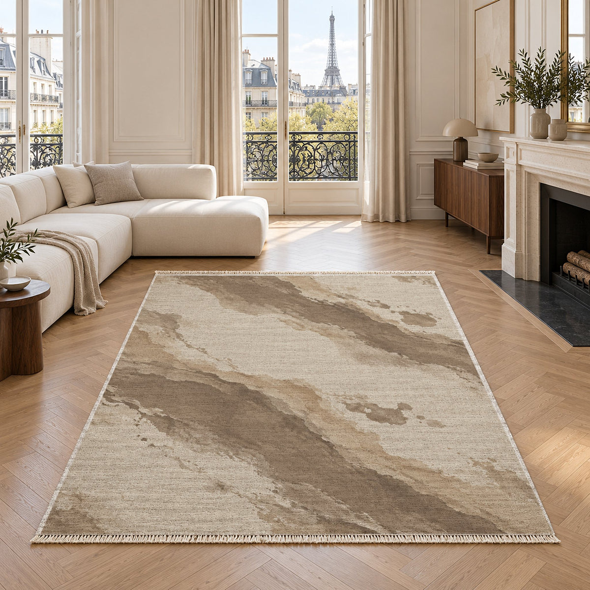 Mineral Drift Ivory & Taupe washable rug in a living room with an Eiffel Tower view