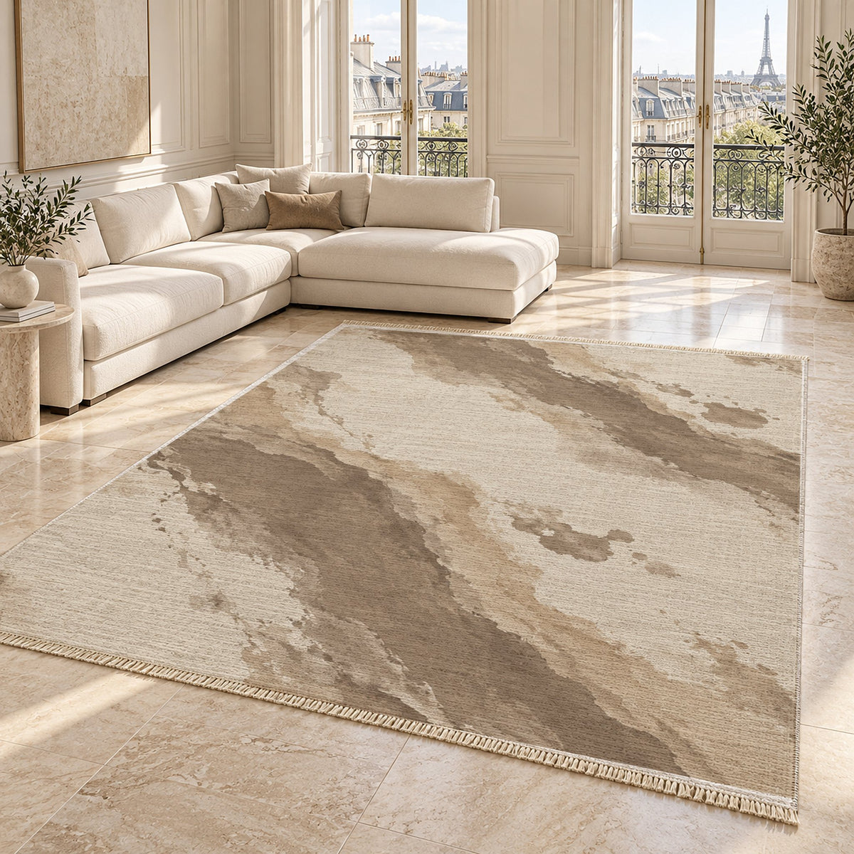 Mineral Drift Ivory & Taupe washable rug angled room view on marble