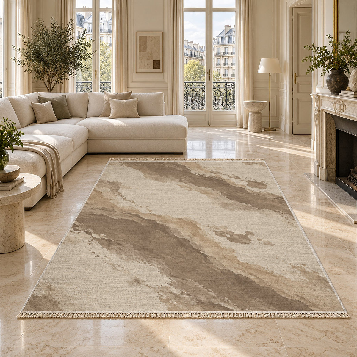Mineral Drift Ivory & Taupe washable rug on a marble floor