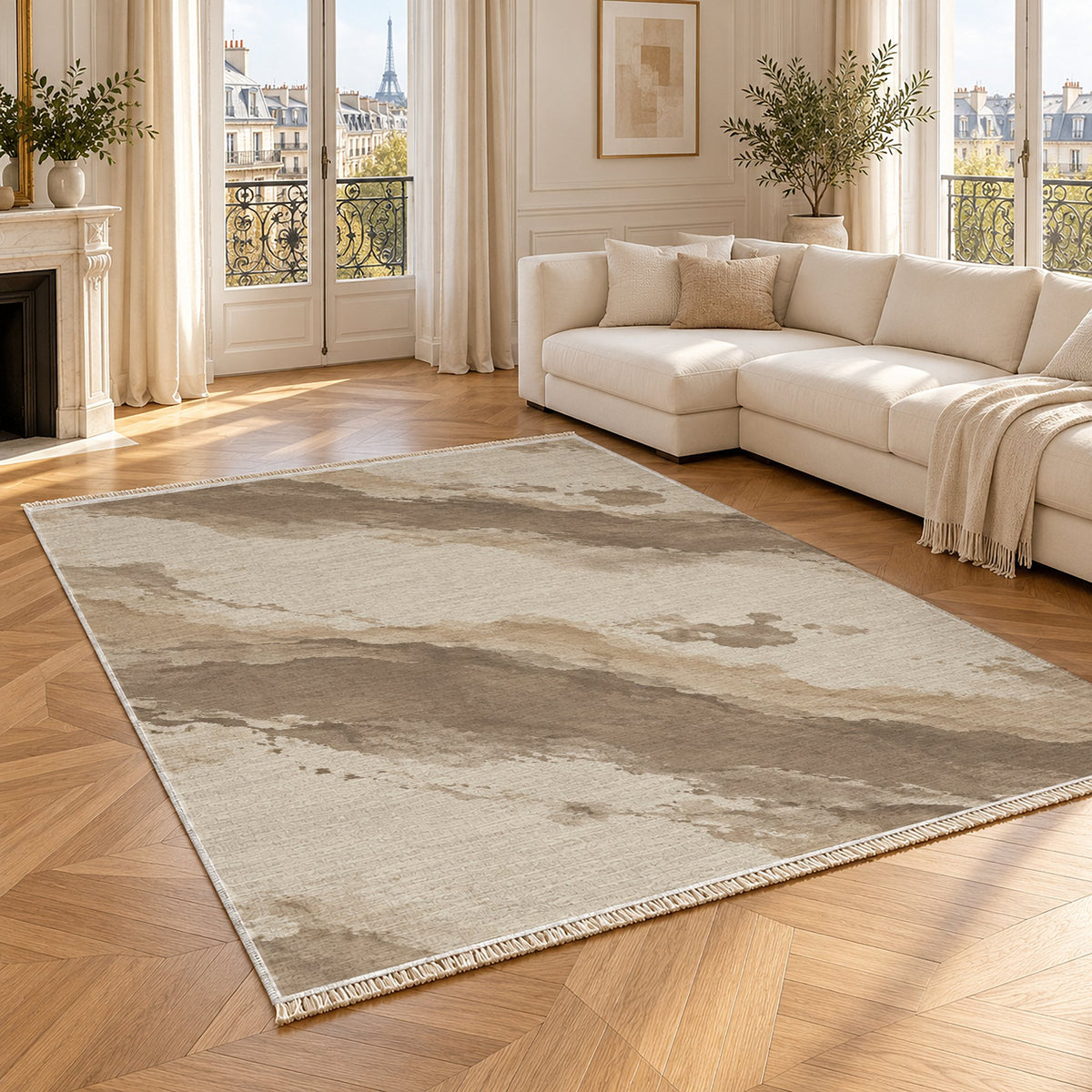 Mineral Drift Ivory & Taupe washable rug angled room view