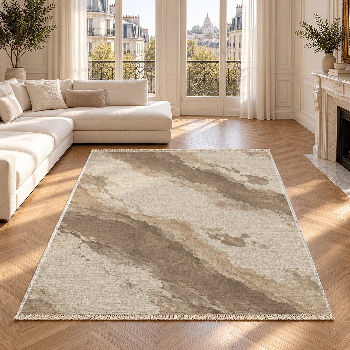 Mineral Drift Ivory & Taupe washable rug in a Paris living room
