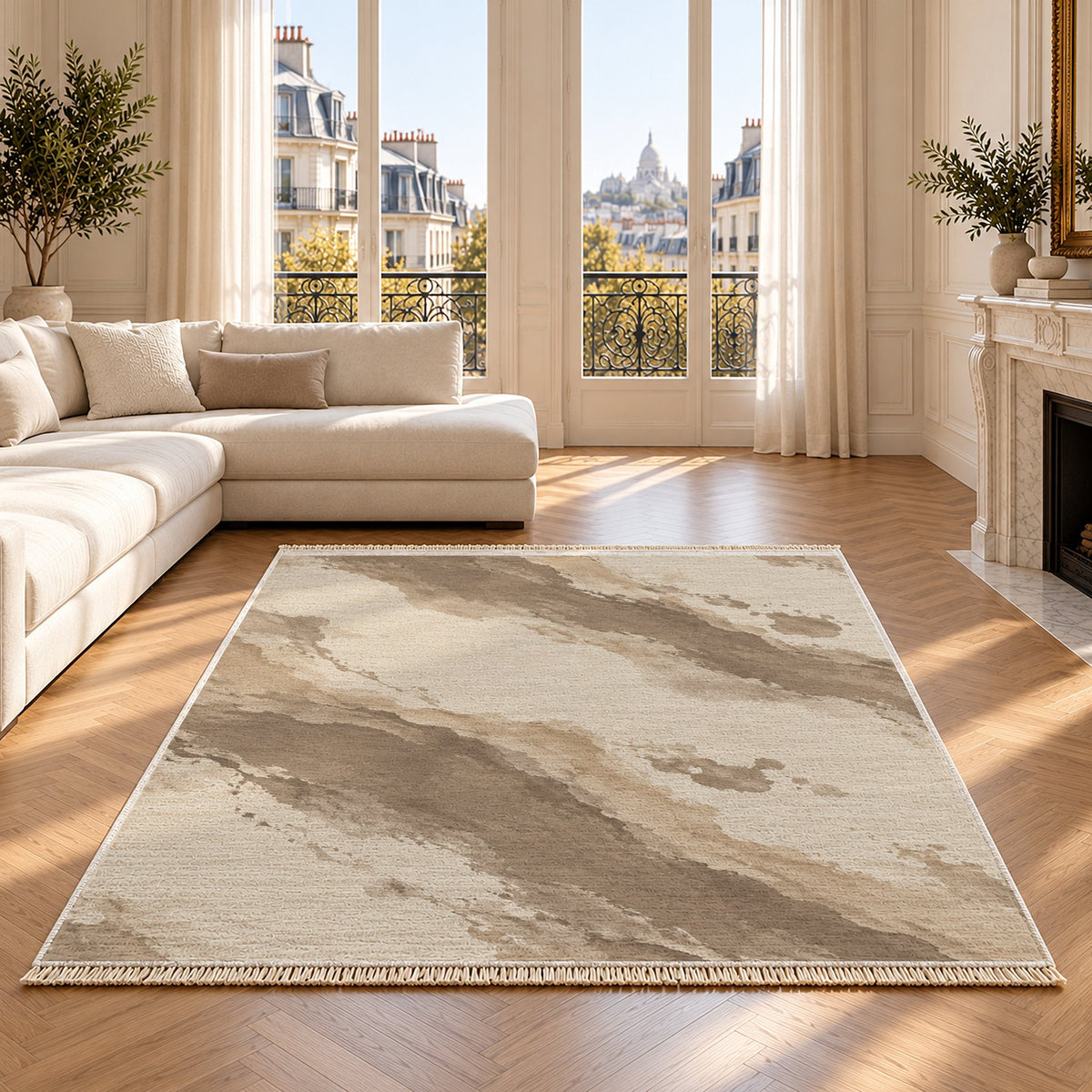 Mineral Drift Ivory & Taupe washable rug on an oak floor