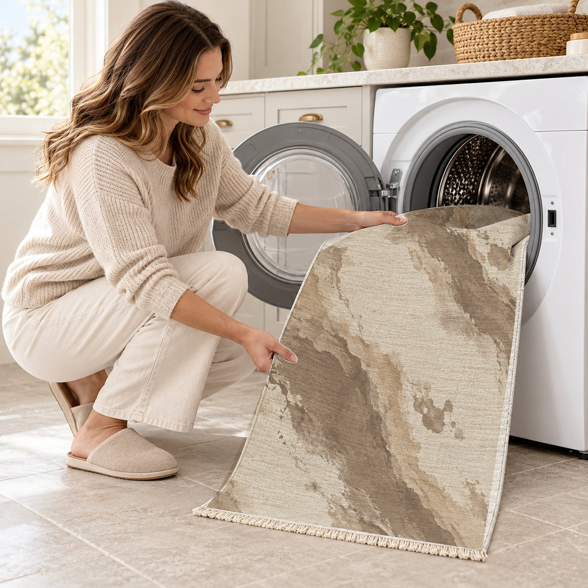 Mineral Drift Ivory & Taupe washable rug being loaded into a washing machine