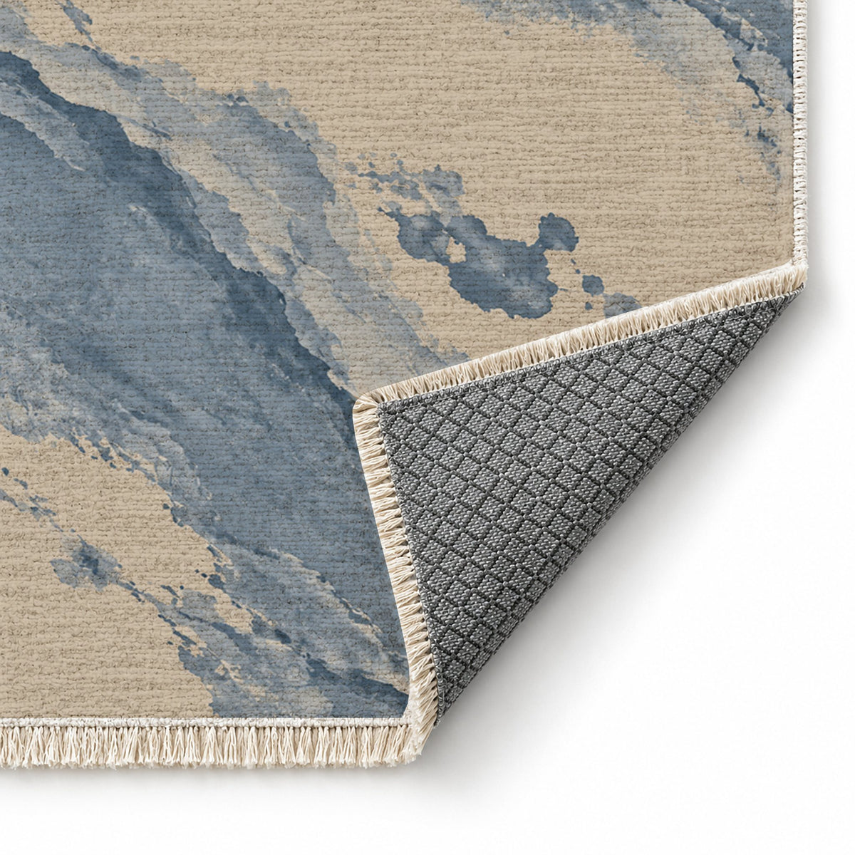 Mineral Drift Oat & Dusty Blue washable rug folded corner showing the backing