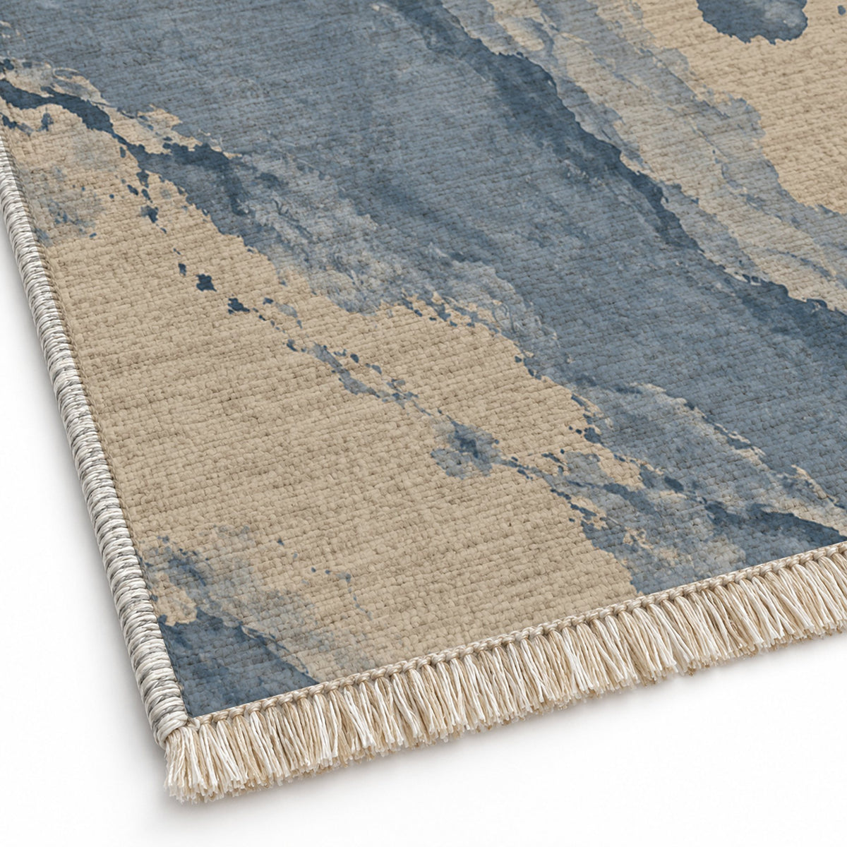 Mineral Drift Oat & Dusty Blue washable rug close-up of the printed chenille