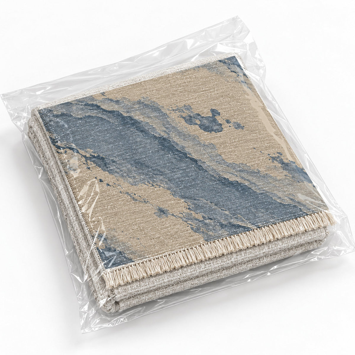 Mineral Drift Oat & Dusty Blue washable rug rolled and packaged