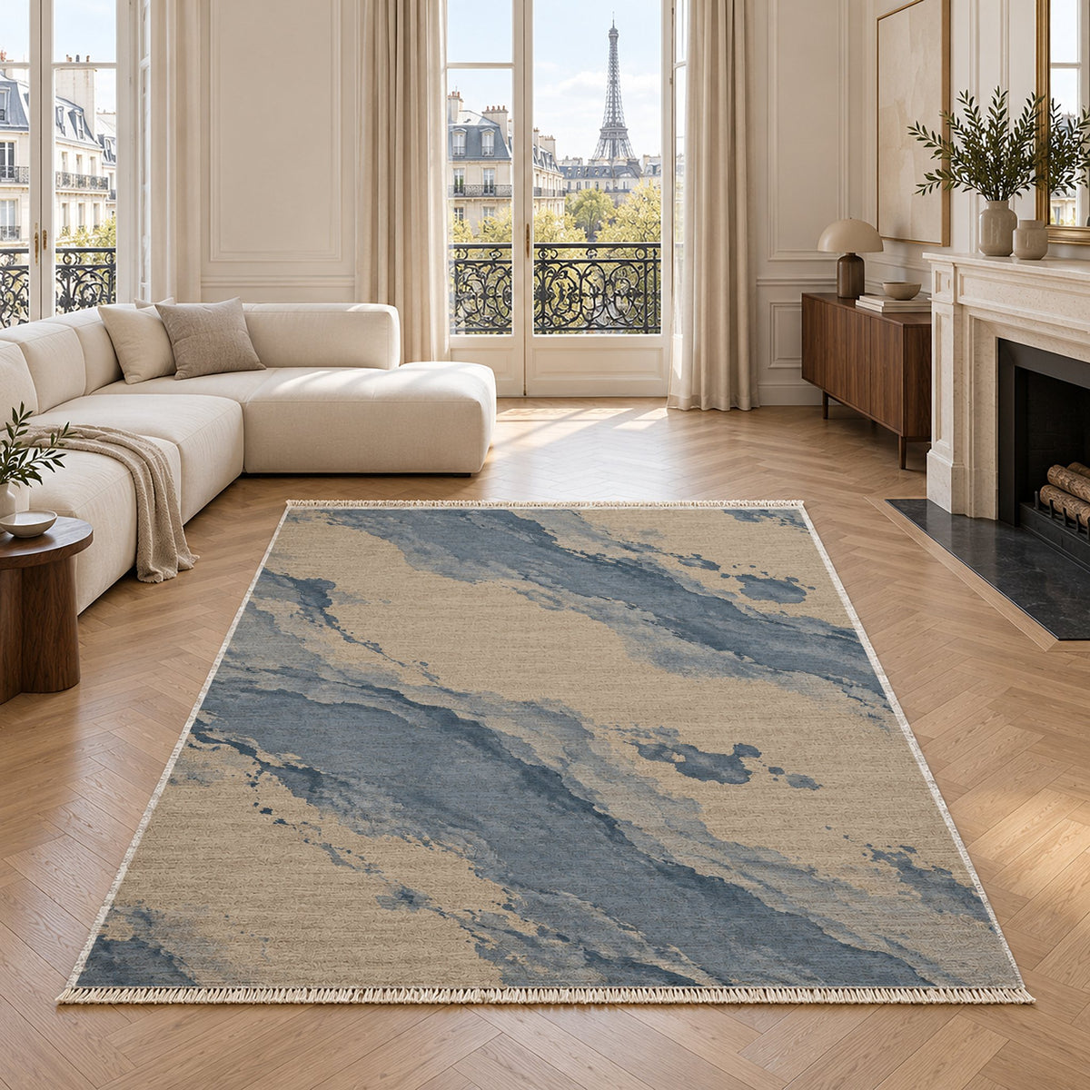 Mineral Drift Oat & Dusty Blue washable rug in a living room with an Eiffel Tower view