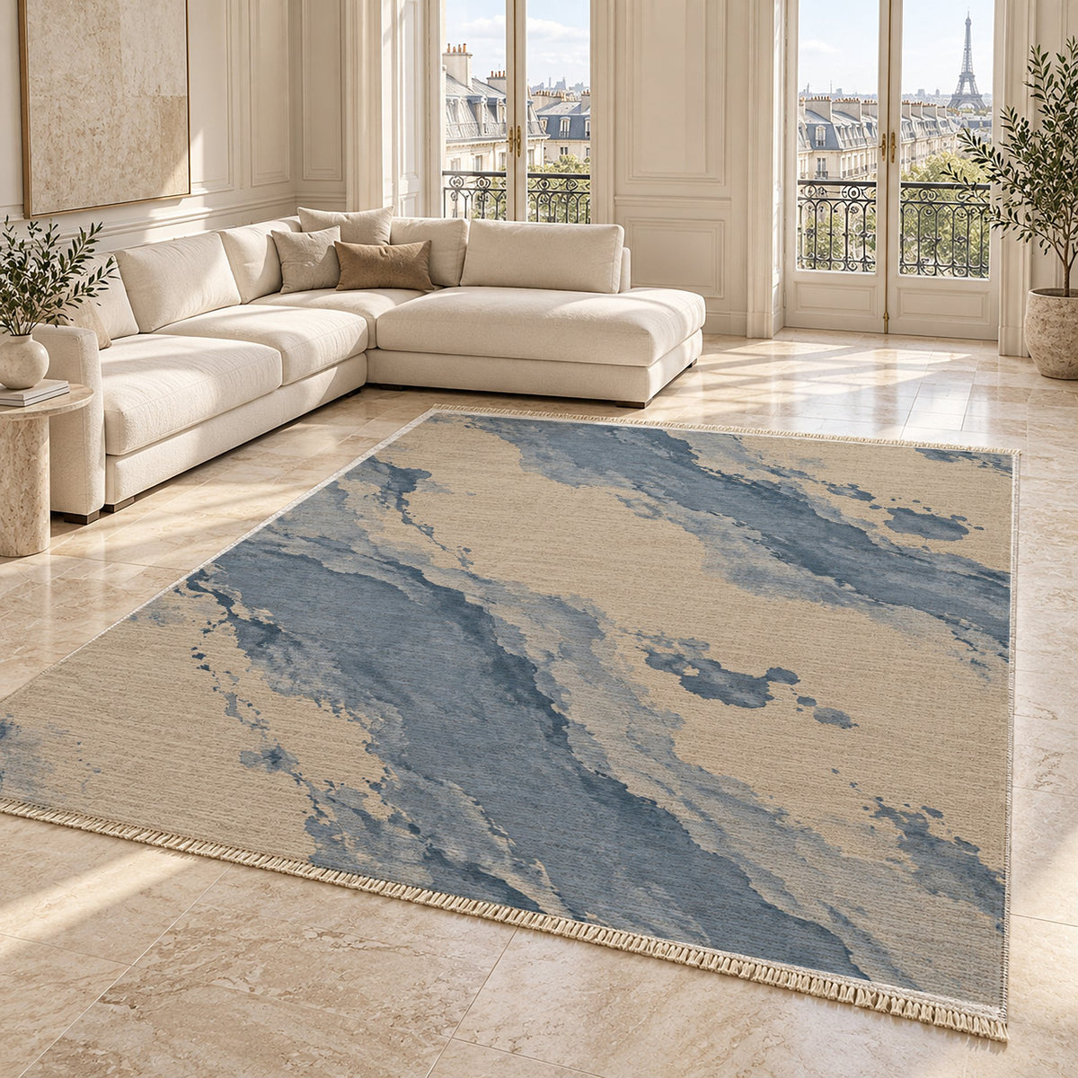 Mineral Drift Oat & Dusty Blue washable rug angled room view on marble