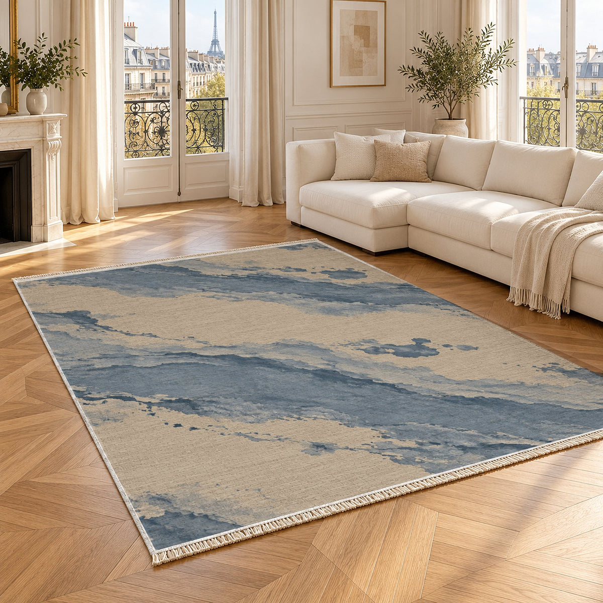 Mineral Drift Oat & Dusty Blue washable rug angled room view