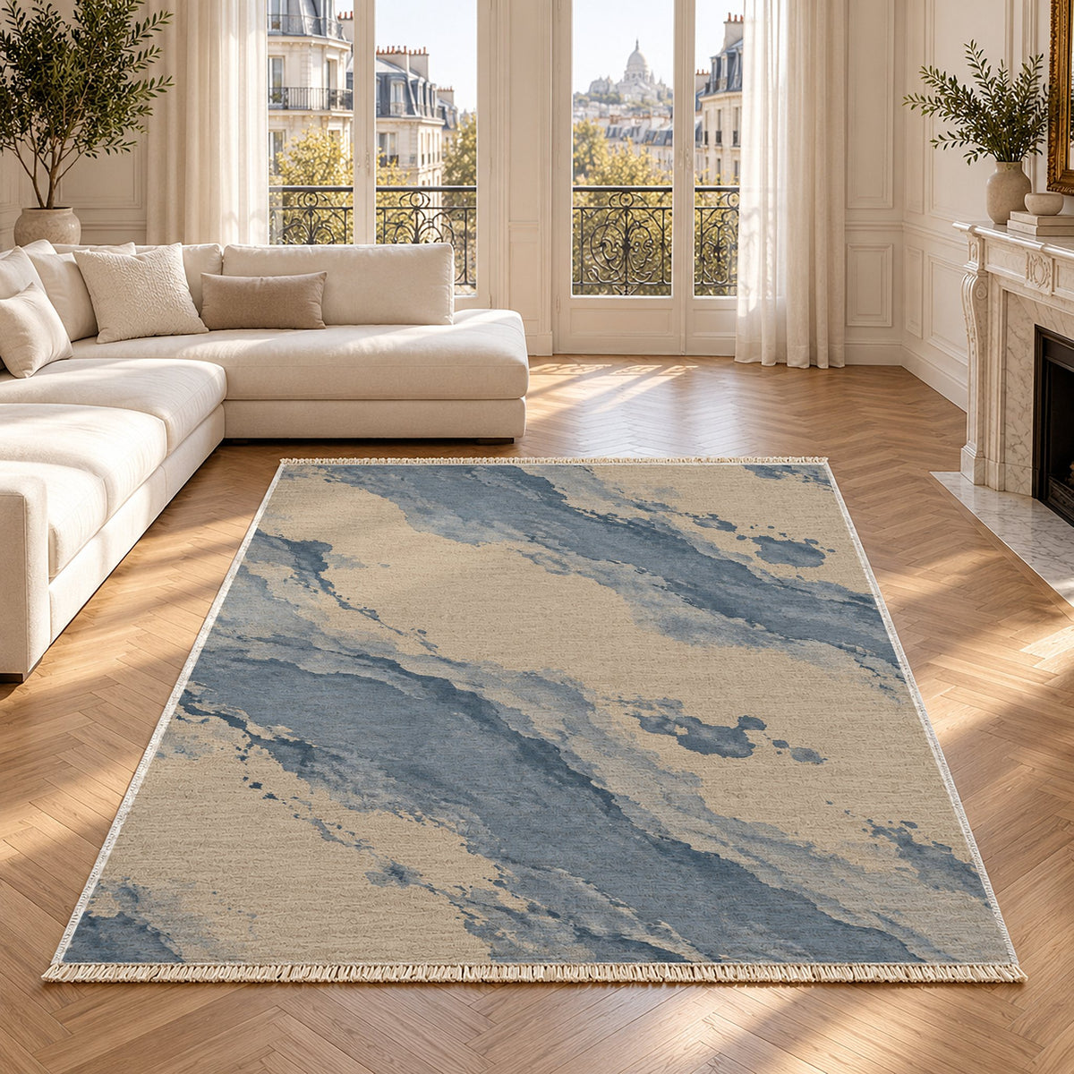 Mineral Drift Oat & Dusty Blue washable rug in a Paris living room
