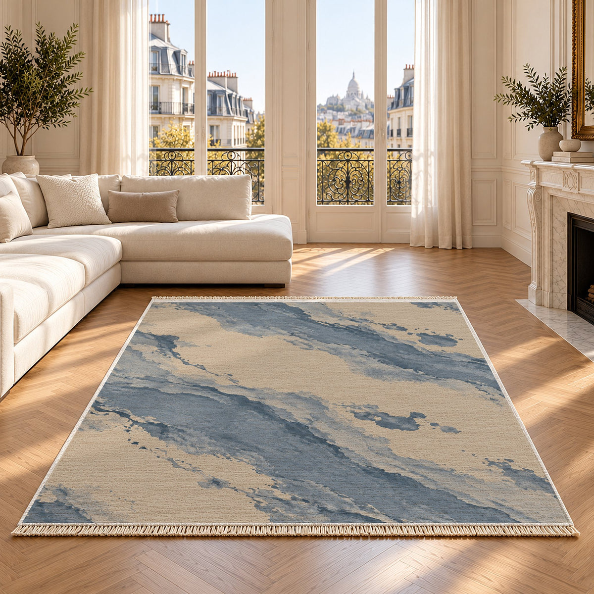 Mineral Drift Oat & Dusty Blue washable rug on an oak floor