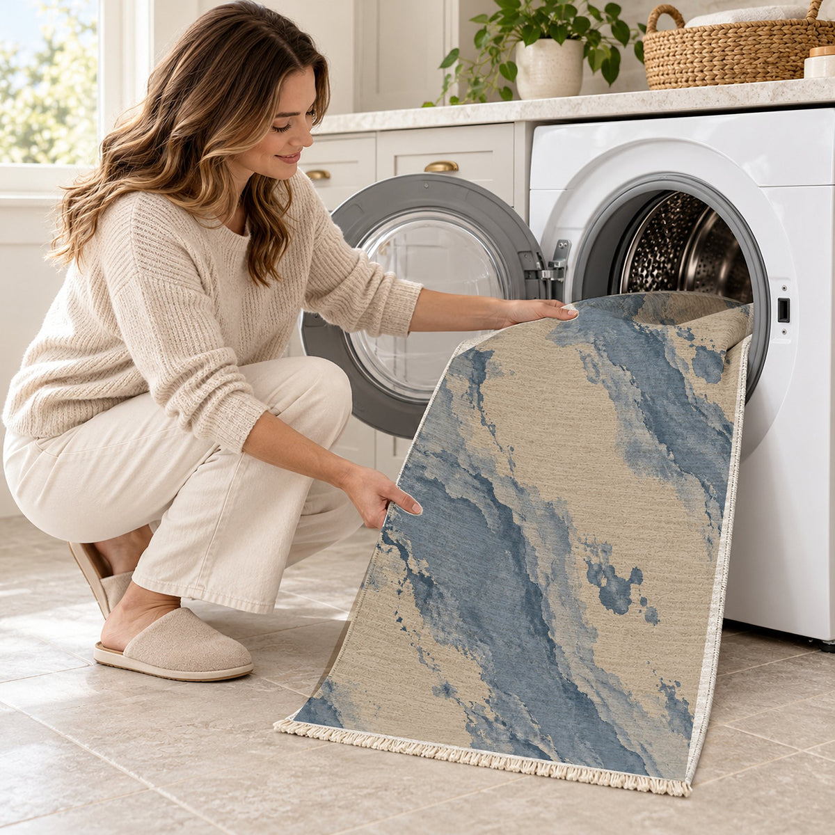 Mineral Drift Oat & Dusty Blue washable rug being loaded into a washing machine