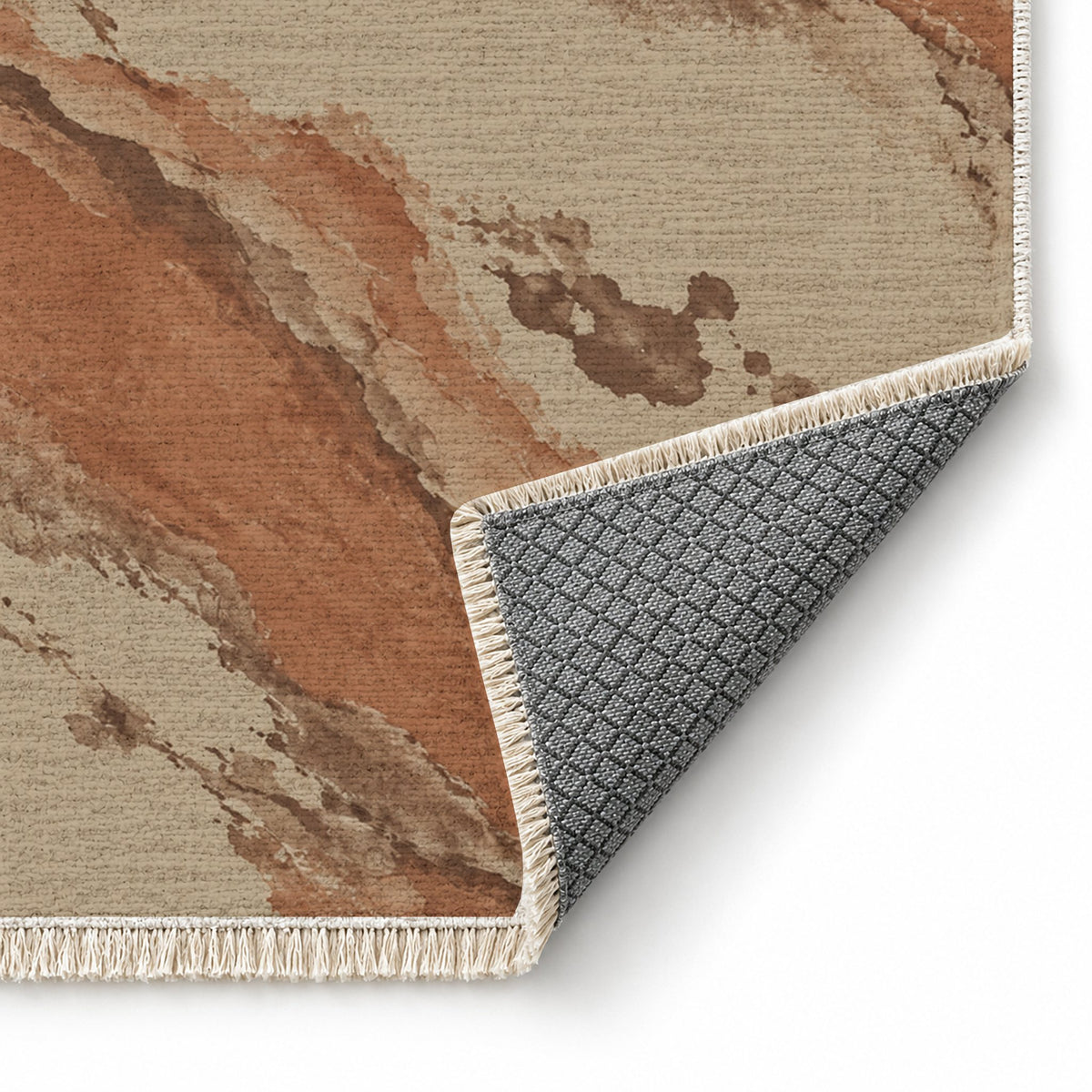 Mineral Drift Sand & Terracotta washable rug folded corner showing the backing