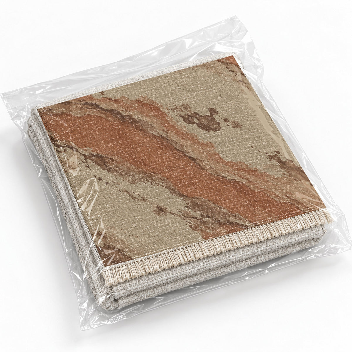 Mineral Drift Sand & Terracotta washable rug rolled and packaged