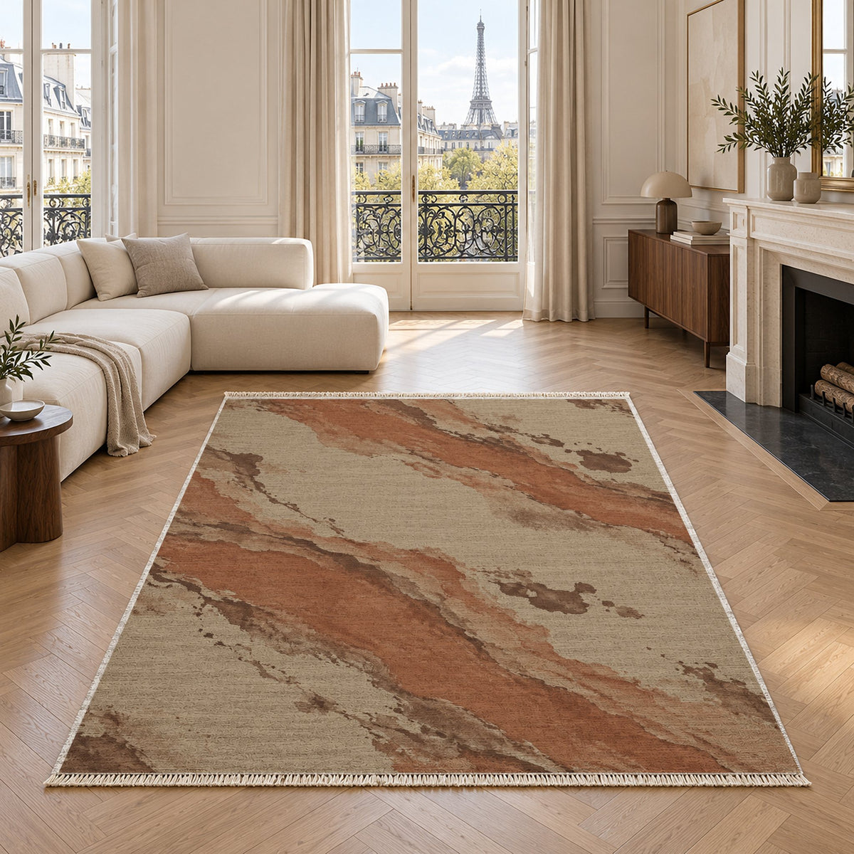 Mineral Drift Sand & Terracotta washable rug in a living room with an Eiffel Tower view