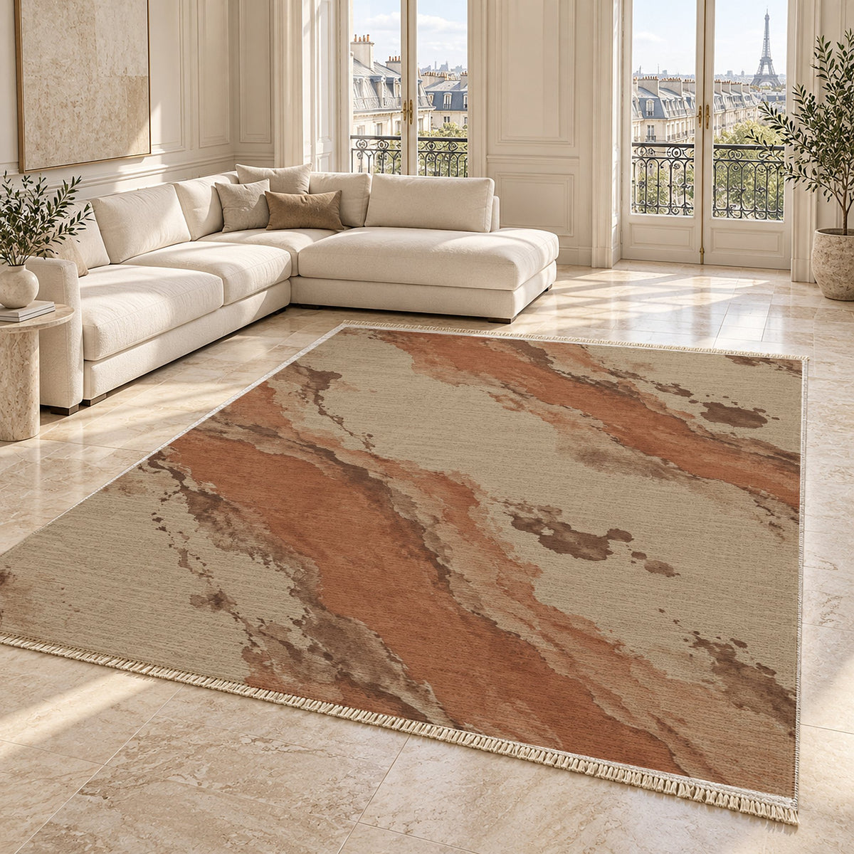 Mineral Drift Sand & Terracotta washable rug angled room view on marble