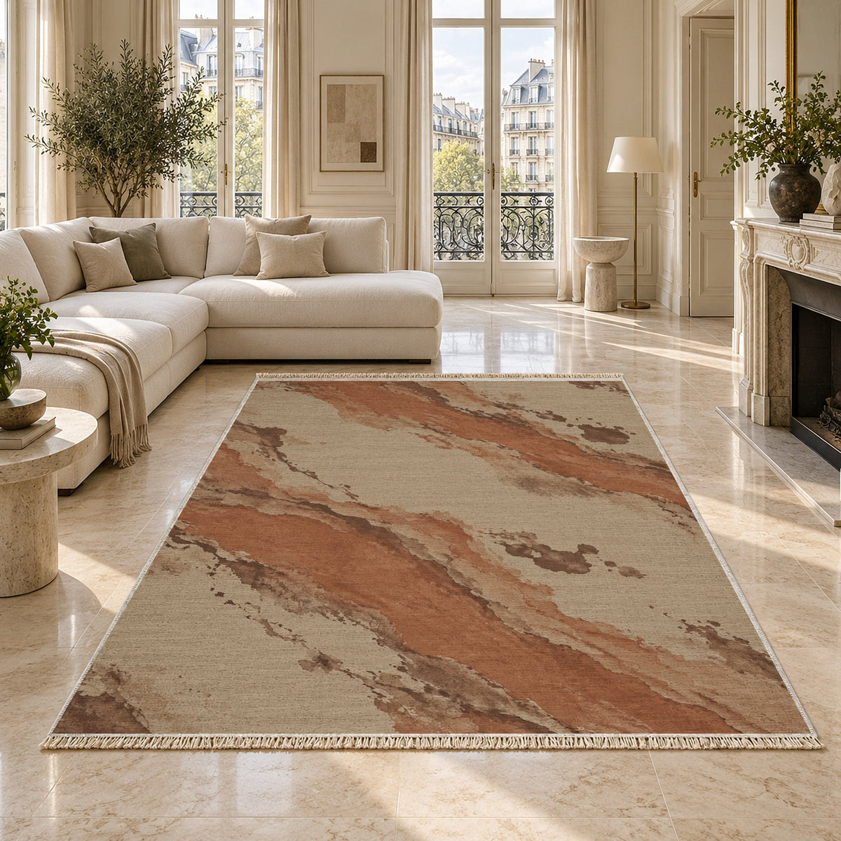 Mineral Drift Sand & Terracotta washable rug on a marble floor