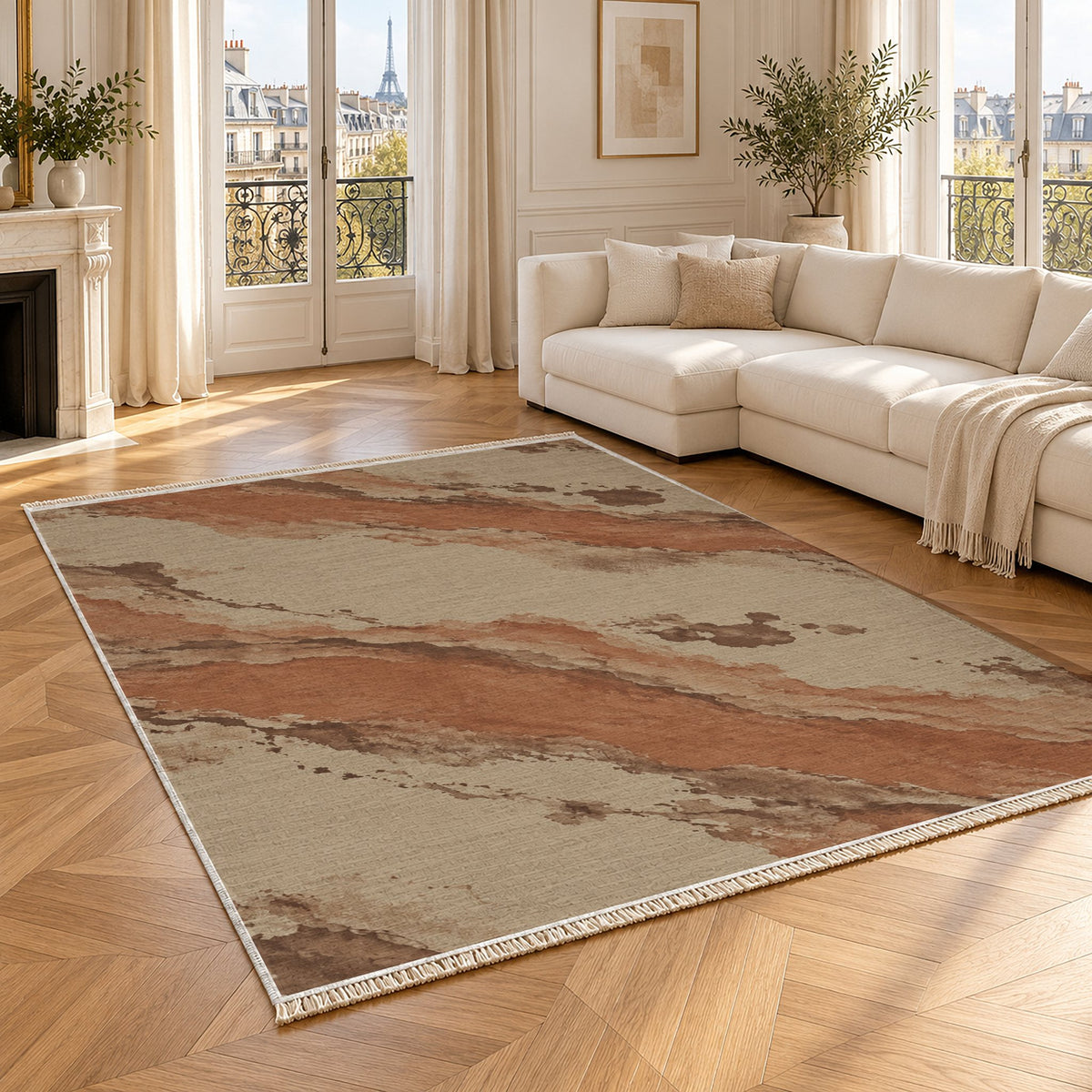 Mineral Drift Sand & Terracotta washable rug angled room view