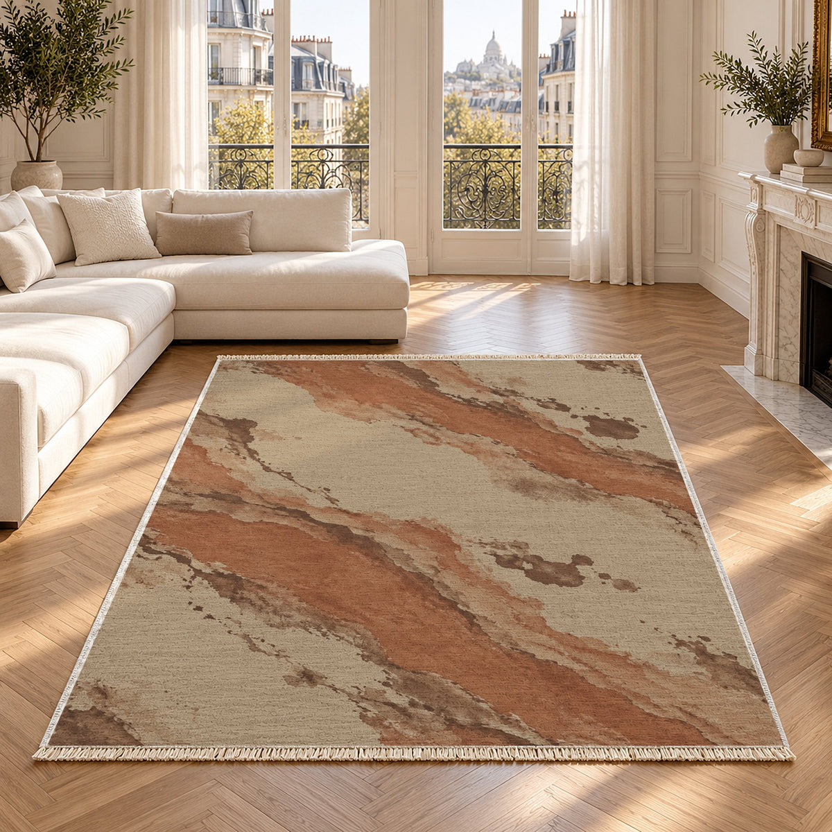 Mineral Drift Sand & Terracotta washable rug in a Paris living room