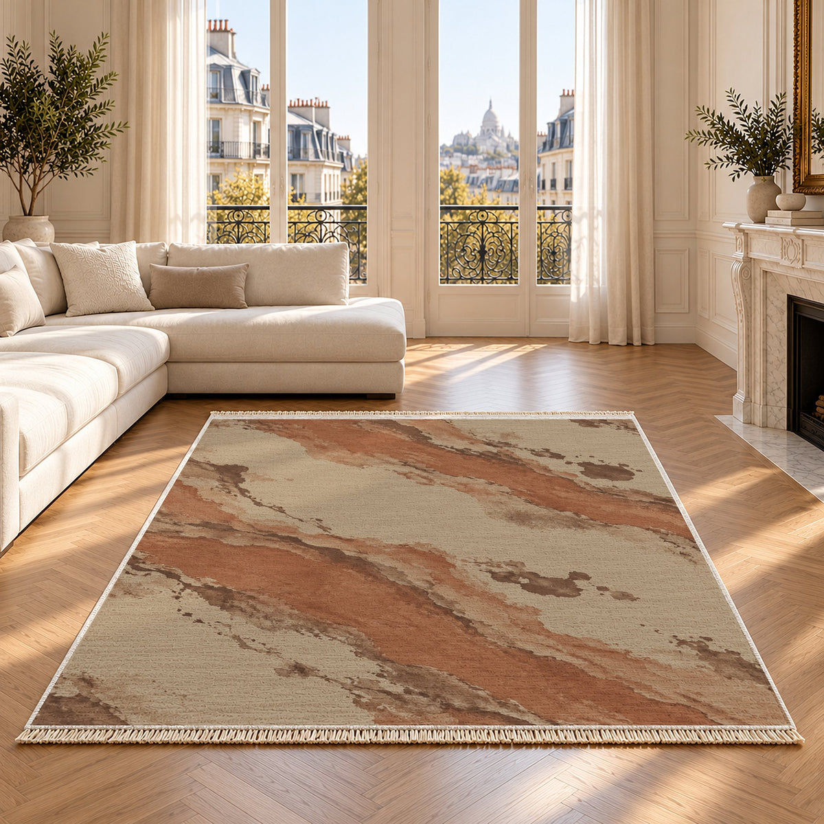 Mineral Drift Sand & Terracotta washable rug on an oak floor