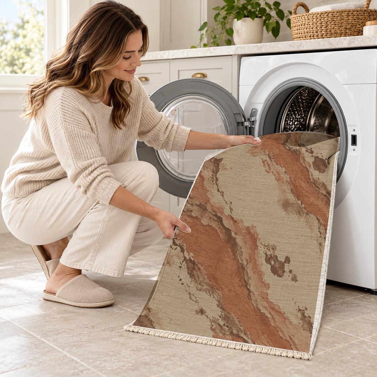 Mineral Drift Sand & Terracotta washable rug being loaded into a washing machine