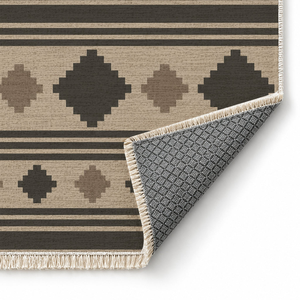Mini Kilim Oat & Charcoal washable rug folded corner showing the backing