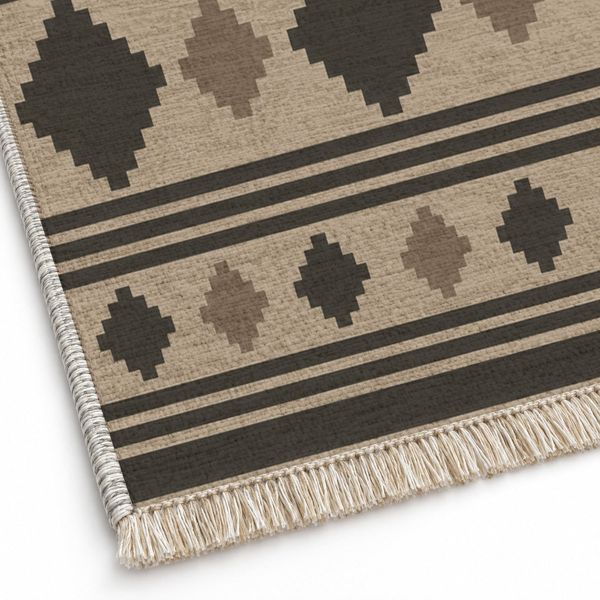 Mini Kilim Oat & Charcoal washable rug close-up of the printed chenille