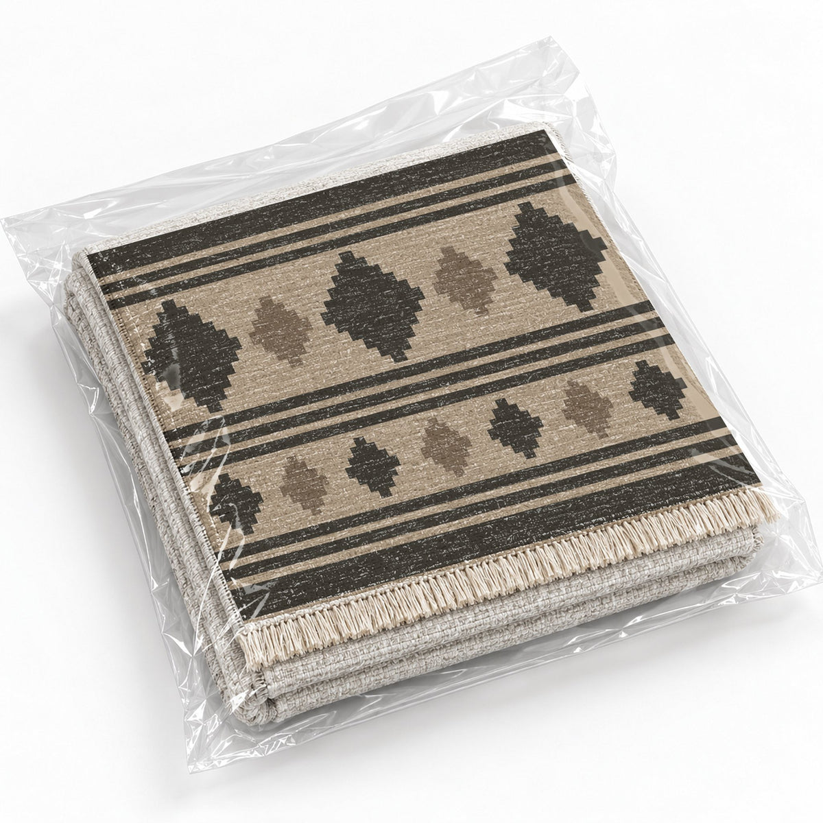 Mini Kilim Oat & Charcoal washable rug rolled and packaged