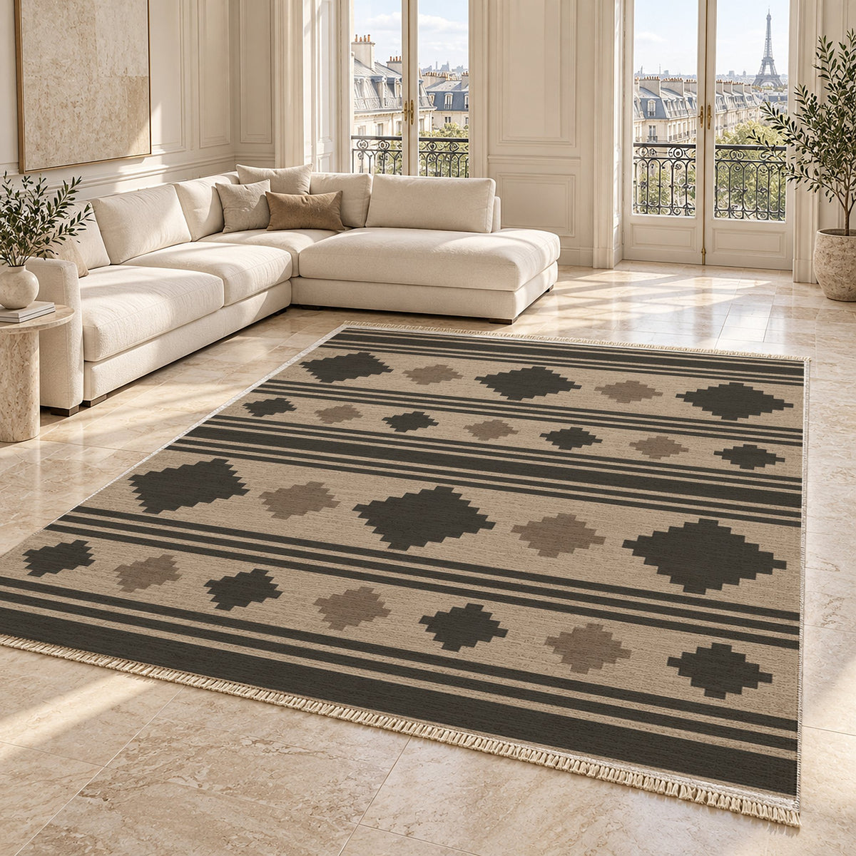 Mini Kilim Oat & Charcoal washable rug angled room view on marble