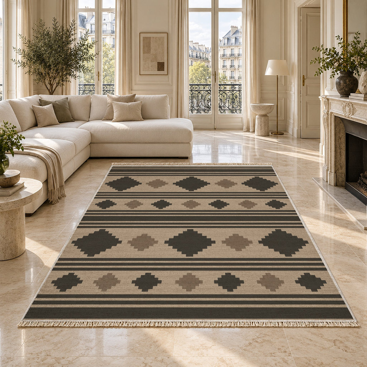 Mini Kilim Oat & Charcoal washable rug on a marble floor