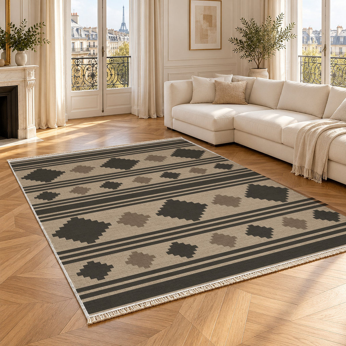 Mini Kilim Oat & Charcoal washable rug angled room view