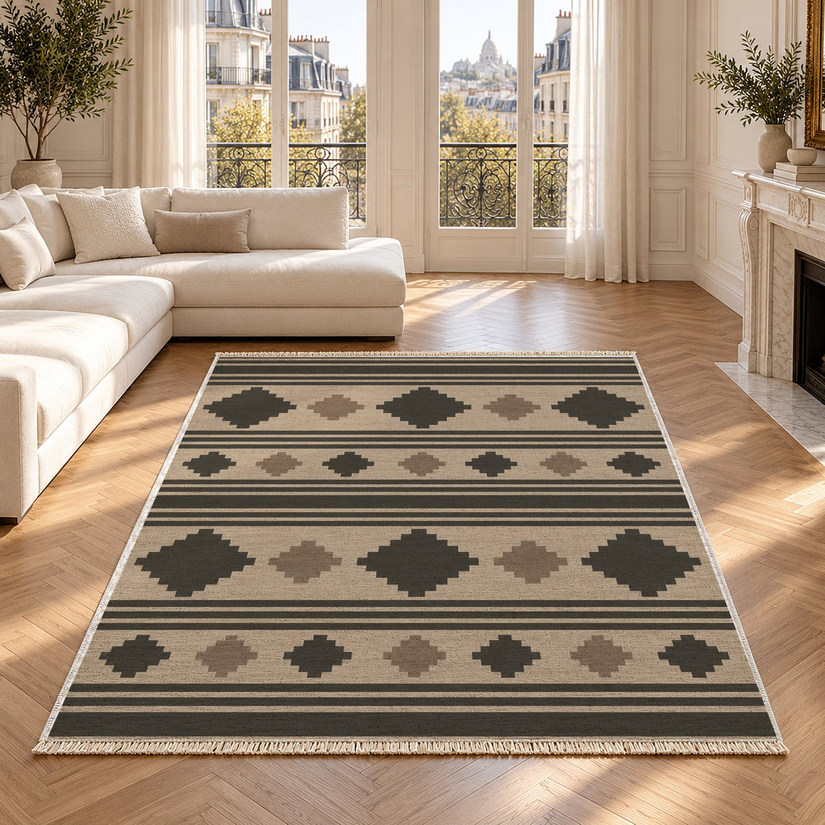 Mini Kilim Oat & Charcoal washable rug in a Paris living room
