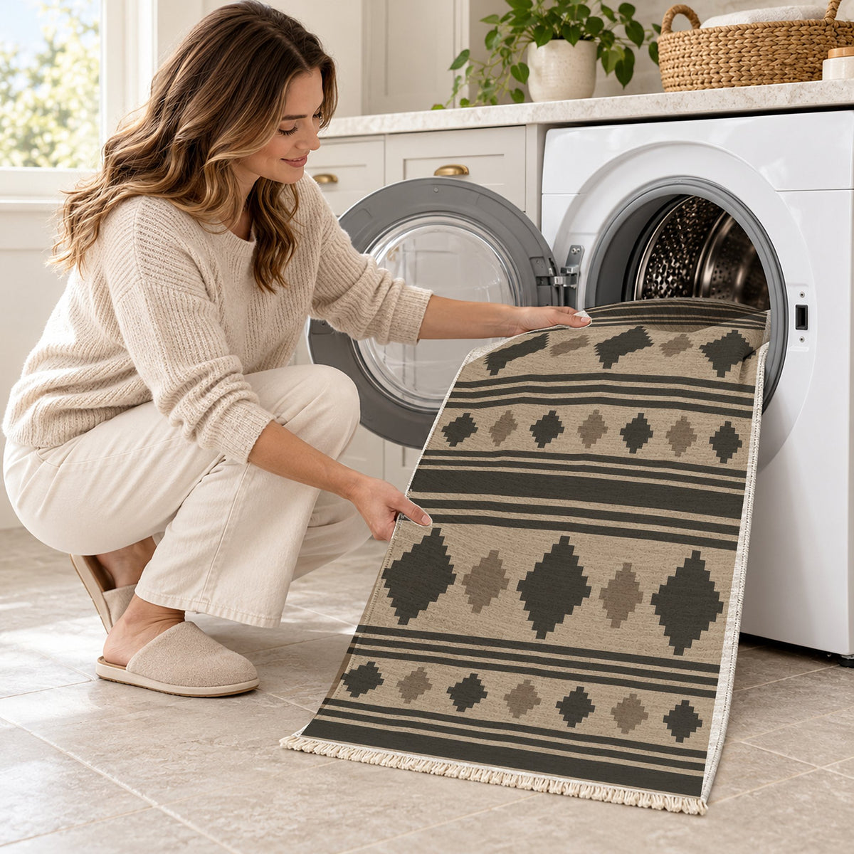 Mini Kilim Oat & Charcoal washable rug being loaded into a washing machine