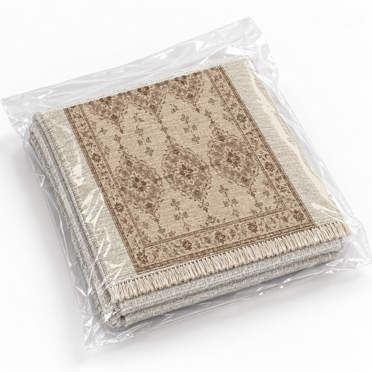 Mini Medallions Ivory & Taupe washable rug rolled and packaged